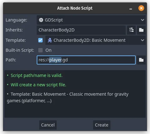 Godot window for making a new script on a CharacterBody2D node